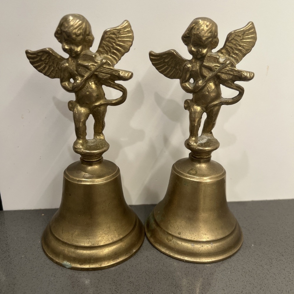 2 Vintage Solid Brass & Silver Angel Cherub Bell Ring Ding Made In India